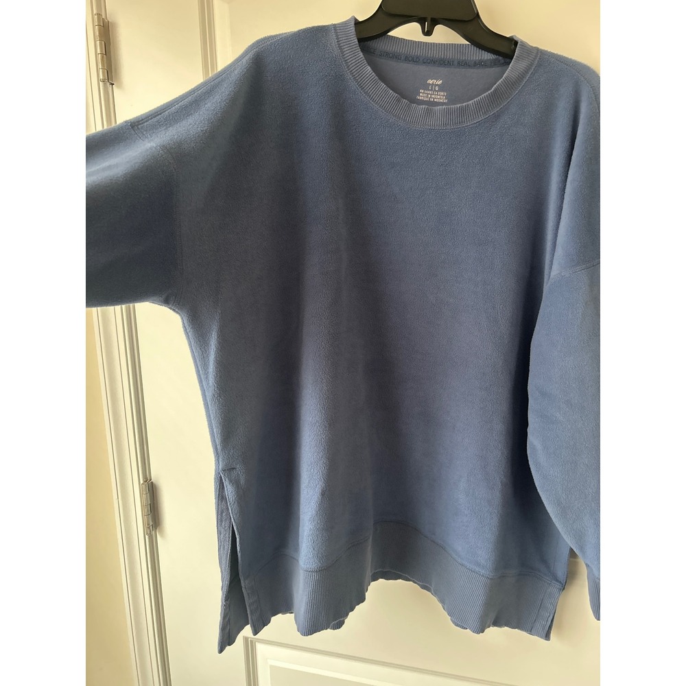 Aerie Oversized Blue Fleece Crewneck Sweatshirt Side Slits Large - Picture 2 of 6